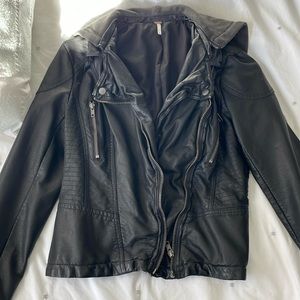 NWOT Free People black leather jacket with detachable hood. Size 8.